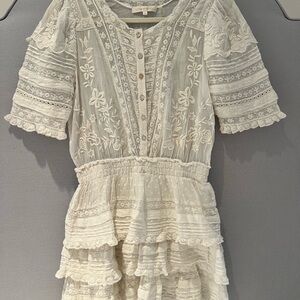 LoveShackFancy Cream Lace Ruffle Mini Dress